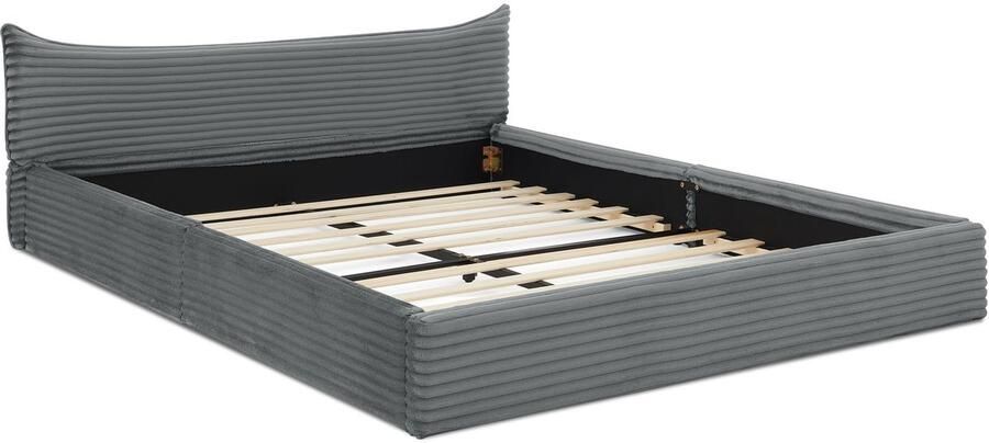 Merax Tweepersoonsbed 140x200 cm Gestoffeerd Bedframe met Zacht Chenille Hoofdbord Eucalyptus Hout en Stalen Frame Stevig en Elegant Donkergrijs Zonder Matras