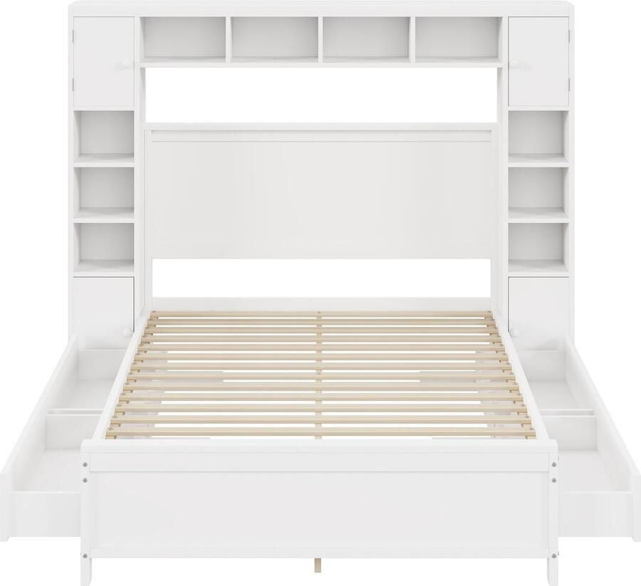 Merax Tweepersoonsbed 140x200 cm – Gestoffeerd Houten Bed met 4 Lades en Opbergkast – Inclusief Lattenbodem – Zonder Matras Wit - Foto 2