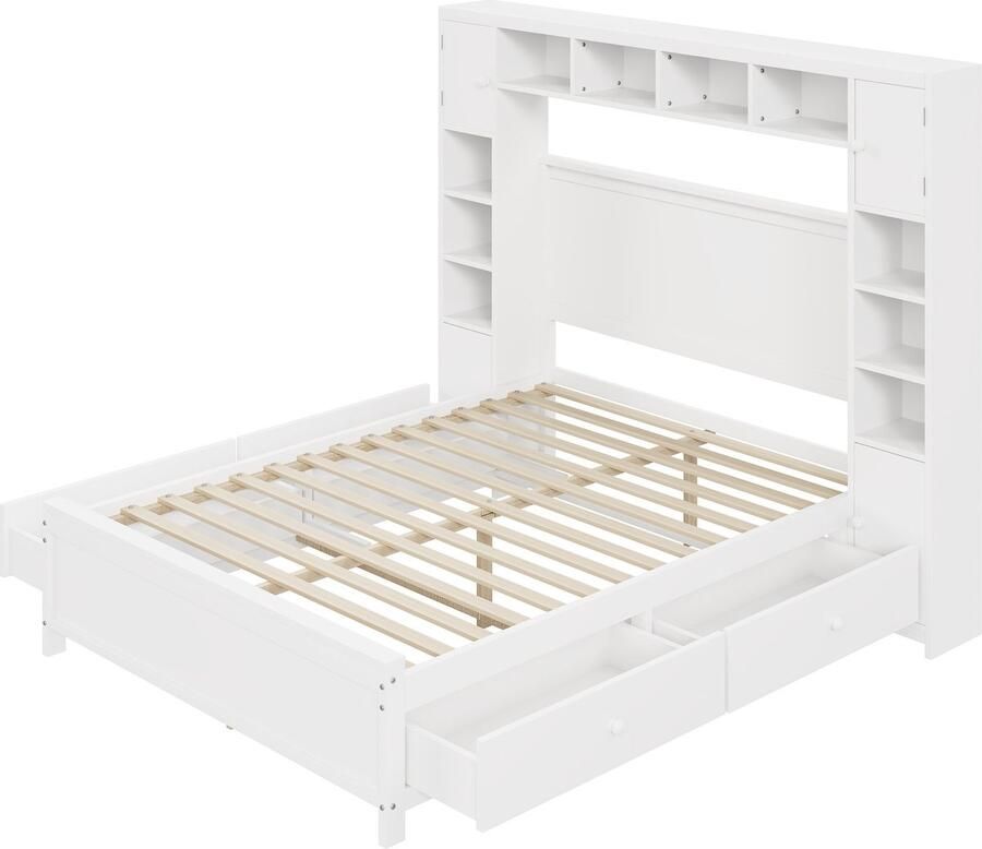 Merax Tweepersoonsbed 140x200 cm – Gestoffeerd Houten Bed met 4 Lades en Opbergkast – Inclusief Lattenbodem – Zonder Matras Wit - Foto 3