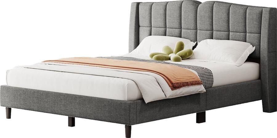 Merax Gestoffeerd Bed 140x200 cm Grijs Minimalistisch Design met Lattenbodem Uniek Hoofdbord en Knopdetails Inclusief Opbergtas