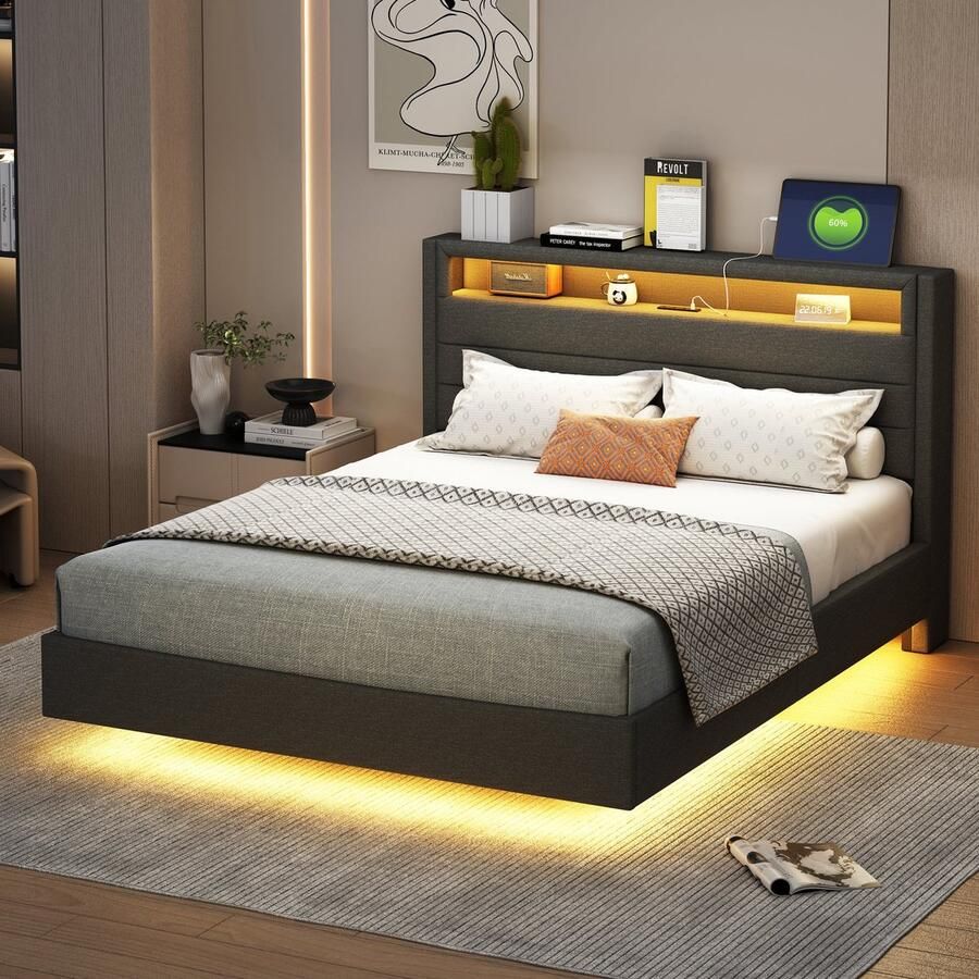 Merax Tweepersoonsbed 140x200 cm – Grijs Gestoffeerd Bed met LED-verlichting en USB-aansluiting – Hoofdbord met Opbergruimte – Modern Bedframe met Verstelbaar Licht