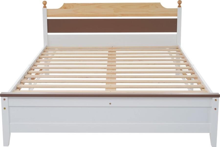 Merax Tweepersoonsbed 140x200 cm Houten Bed met Kiefernhouten Frame en MDF Hoofd- en Voetbord Wit Tijdloos Design