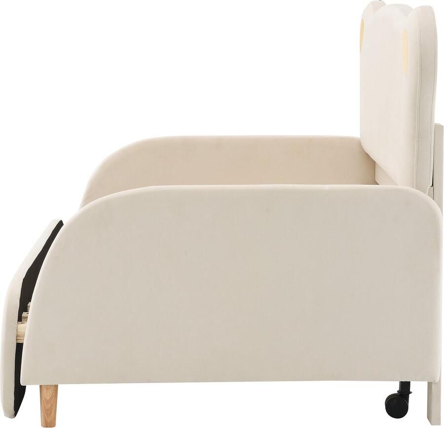 Merax Tweepersoonsbed 140x200 cm in Beer Vorm Inschuifbaar tot Slaapbank of Bed 140x110 cm Velvet Gestoffeerd Kinderbed Beige - Foto 2