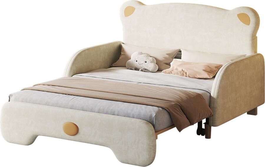 Merax Kinderbed 140x200 cm met Bijpassend Matras Tweepersoonsbed in Berenvorm Velvet Gestoffeerd Uitschuifbaar Bed 140x110 cm & 140x200 cm Beige