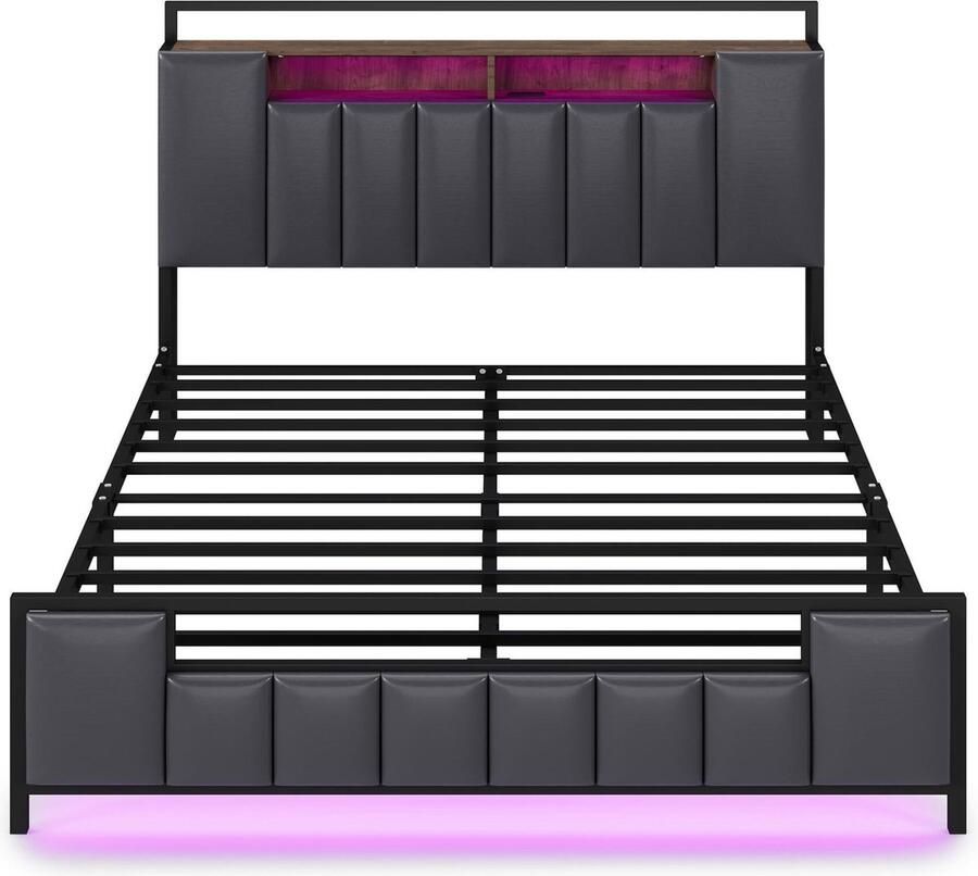 Merax Tweepersoonsbed 140x200 cm in Kunstleer Gestoffeerd Multifunctioneel Bed met LED-verlichting en USB-aansluiting Bedframe met Opbergruimte Grijs