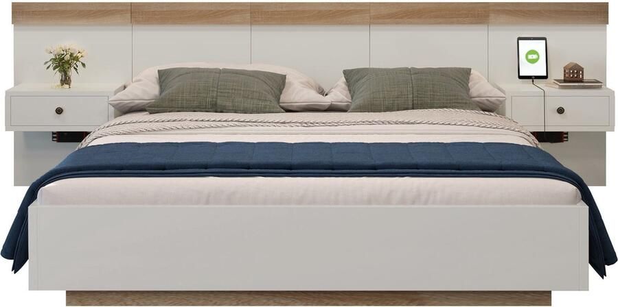 Merax Tweepersoonsbed 140x200 cm met USB-C Stopcontact – Bed Inclusief 2 Nachtkastjes met LED – Houten Bedframe in Eiken Sonoma Bruin met Wit – Modern Design met Zwevend Effect - Foto 2