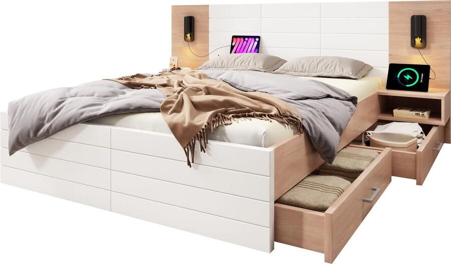 Merax Tweepersoonsbed 140x200 cm Inclusief 2 Nachtkastjes en 2 Lades – Bedframe met Lattenbodem Bed met USB Aansluiting en Leeslamp – Eiken Bruin met Wit – Zonder Matras