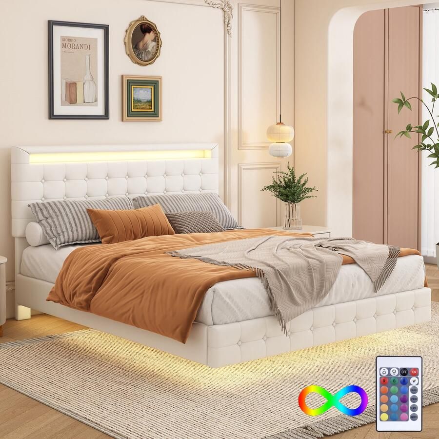 Singularity -Vlak bed 140 x 200 cm- LED-sfeerverlichting- vering- PU-materiaal- drietraps hoogteverstelling van het hoofdeinde- wit- zonder matras - Foto 2