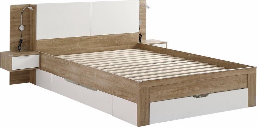 Merax Tweepersoonsbed 140x200 cm met 2 LED Nachtkastjes Paneelbed met Meerdere Lades Wit en Eikenkleur MDF + Spaanplaat