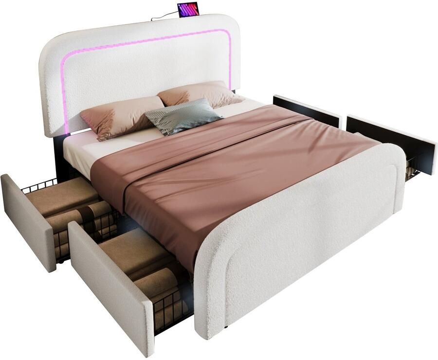 Merax Gestoffeerd Bed met USB-C Oplaadfunctie LED Verlichting en 4 Lades – 140x200 cm – Verstelbaar Hoofdbord – Houten Lattenbodem – Fluweel Wit (Zonder Matras)