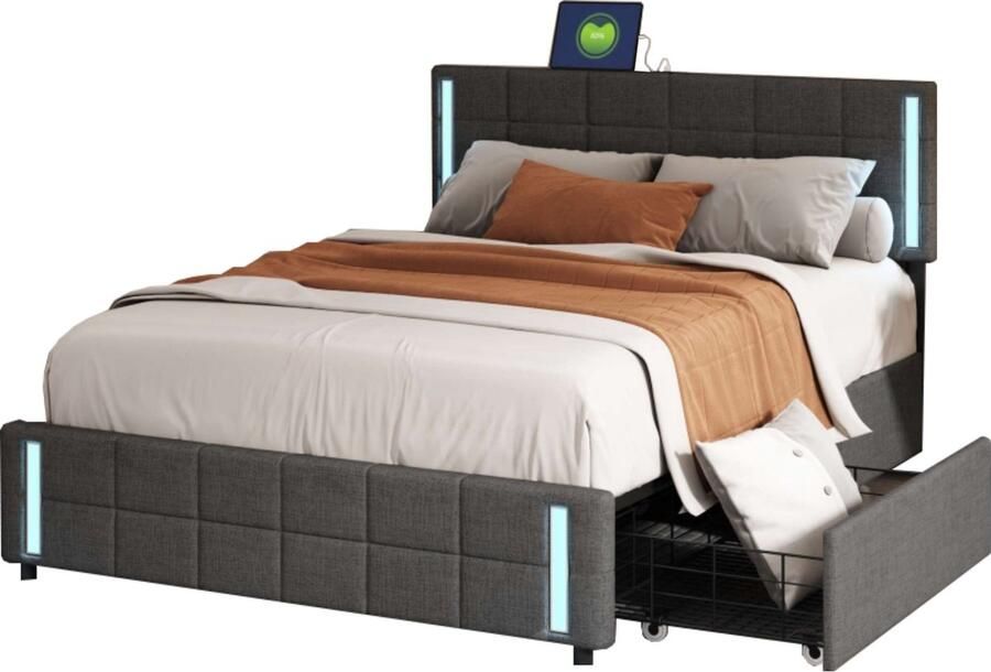 Merax Gestoffeerd Tweepersoonsbed 140x200 cm met LED-Verlichting en USB Aansluiting Luxe Bed met Verstelbaar Hoofdbord en 4 Opberglades Grijs