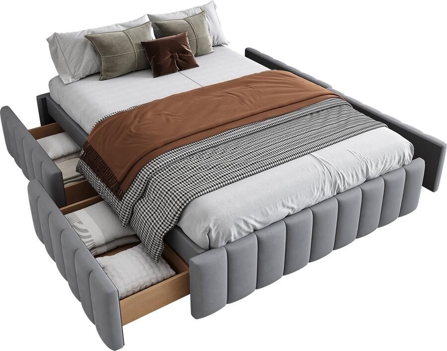 Merax Tweepersoonsbed 140x200 cm met 4 Opberglades Luxe Velvet Gestoffeerd Minimalistisch Bed met Opbergruimte Grijs