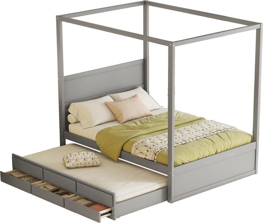 Merax Tweepersoonsbed 140x200 cm met Extra Uitschuifbaar Bed 90x190 cm Hemelbed voor 3 Personen met 3 Opberglades Grijs