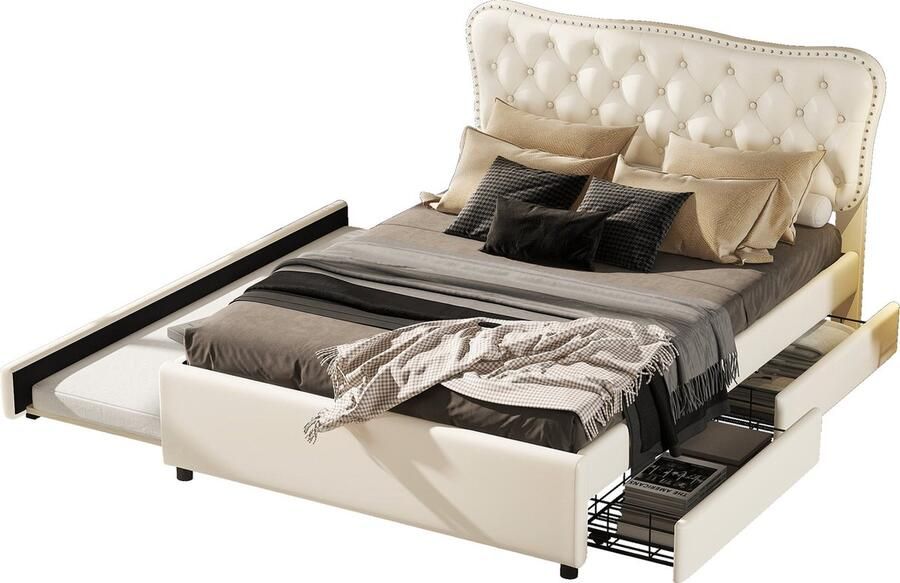 Merax Tweepersoonsbed 140x200 cm met Extra Uitschuifbaar Bed 90x190 cm Luxe Kunstleer Gestoffeerd Bed met 2 Lades Beige