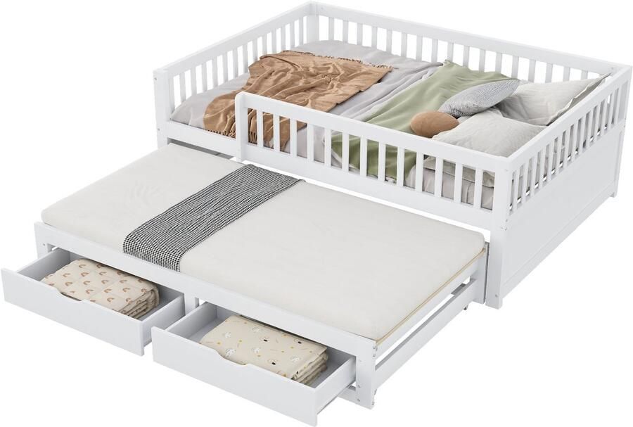 Merax Massief Houten Slaapbank 140x200 cm Uitklapbaar Bed met 2 Laden Kinderbed Jeugdbed Logeerbed Met Lattenbodem en Veiligheidshek Wit