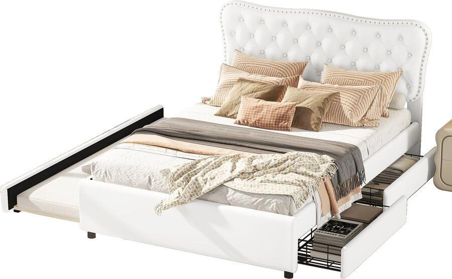 Merax Kunstleer Gestoffeerd Tweepersoonsbed 140x200 cm met Lades Inclusief extra Uitschuifbaar Bed 90x190 cm Wit