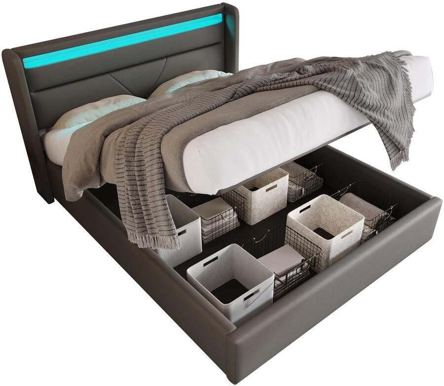 Merax hydraulisch opbergbed 140x200 cm – grijs kunstleren bed met LED-verlichting afstandsbediening & hydraulische lattenbodem