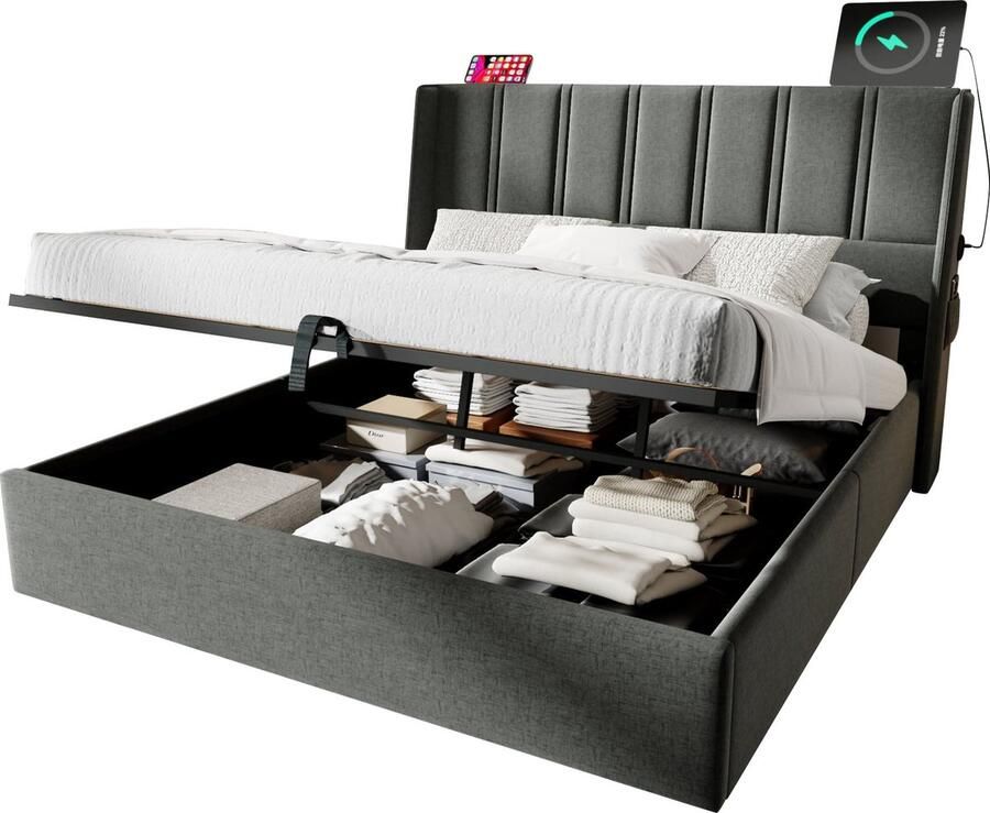 Merax Kingsize Tweepersoonsbed 180x200 cm met USB-C en Hydraulisch Lattenbodem Linnen Gestoffeerd Bed met Opbergruimte Grijs