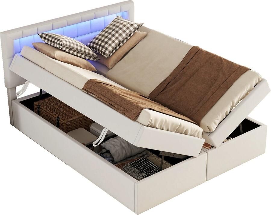 Merax Tweepersoonsbed 140x200 cm met Hydraulische Opbergruimte Bed met Afstandsbediening voor Sfeerverlichting Beige Linnen Bedframe