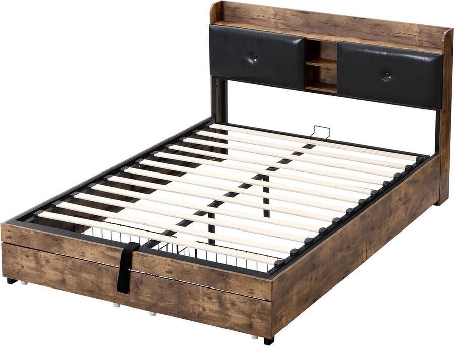 Merax Tweepersoonsbed 140x200 cm met Hydraulische Opbergruimte Bed met Hoofdbord en Lades Bruin met Zwart - Foto 2