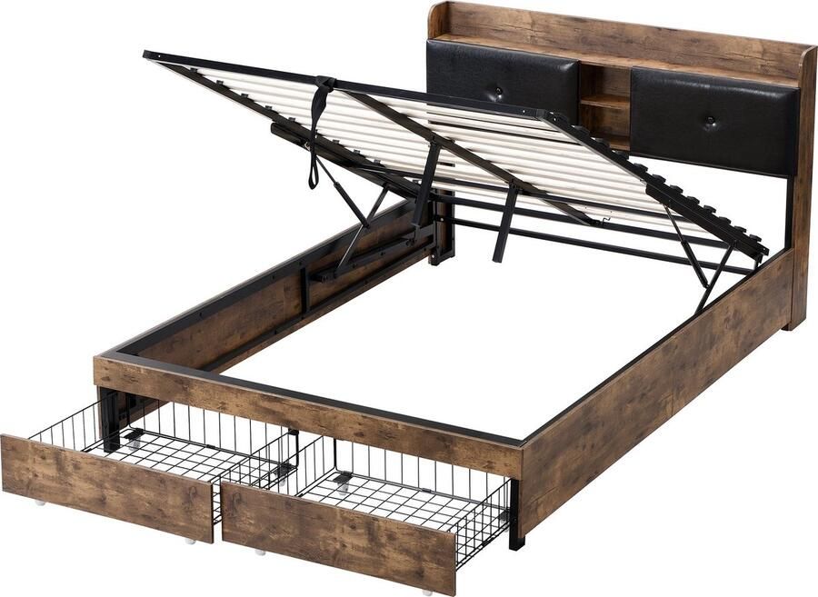 Merax Tweepersoonsbed 140x200 cm met Hydraulische Opbergruimte Bed met Hoofdbord en Lades Bruin met Zwart