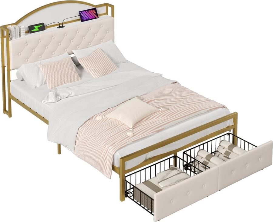 Merax Tweepersoonsbed 140x200 cm met IJzeren Frame en Hoofdbord met Opbergvak Luxe Bed met USB-aansluiting en 2 Opberglades Wit met Goud