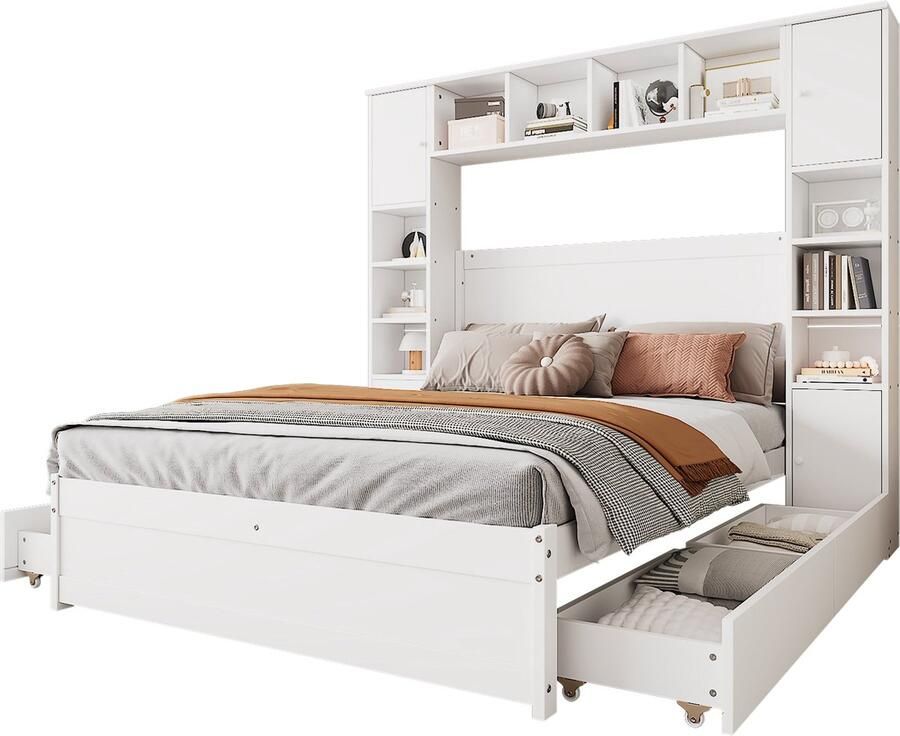 Merax Tweepersoonsbed 140x200 cm met Kasten en 4 Lades Bed met Twee Anti-Kantel Gespen Paneelbed met Opbergruimte Wit