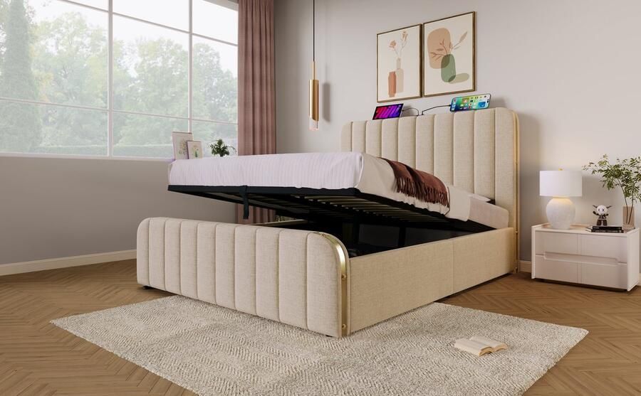 Merax Tweepersoonsbed 140x200 cm met Koudschuim Matras Gestoffeerd Bed met Hoofdbord inclusief Gouden Decoratieve en USB Type-C Aansluiting Beige - Foto 2
