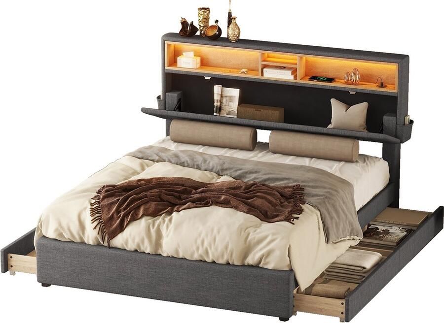 Merax Tweepersoonsbed 140x200 cm met Lades en USB-Aansluiting Gestoffeerd Bed met LED Verlichting en Verstelbaar Hoofdbord Grijs