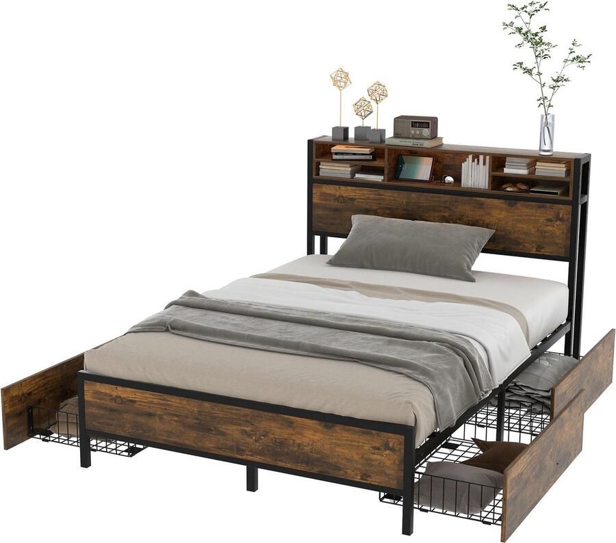 Merax Tweepersoonsbed 140x200 cm met Lattenbodem en Hoofdbord – Bed met USB Aansluiting en LED Verlichting – Juniorbed met 4 Opberglades – Bruin met Zwart