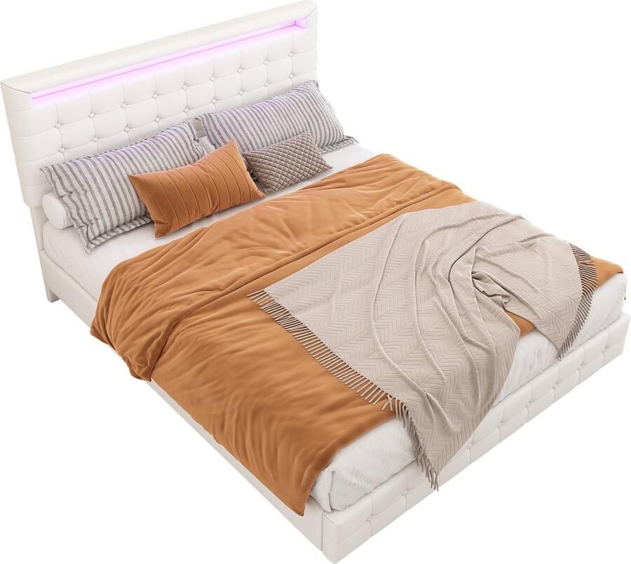 Merax Tweepersoonsbed 140x200 cm met LED Ambient Verlichting via Afstandsbediening Kunstleer Gestoffeerd Bed met Verstelbaar Hoofdbord Wit