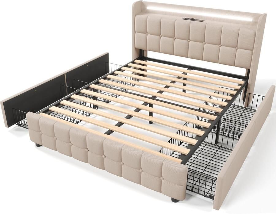 Merax Tweepersoonsbed 140x200 cm met LED Verlichting en USB Aansluiting Gestoffeerd Bed met 4 Opberglades Beige