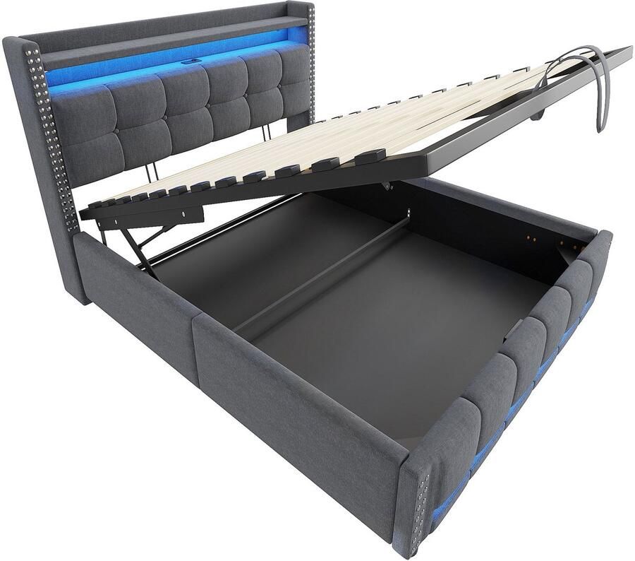 Merax Tweepersoonsbed 140x200 cm met LED Verlichting en USB Aansluiting Gestoffeerd Bed met Hydraulisch Opbergruimte Systeem Grijs