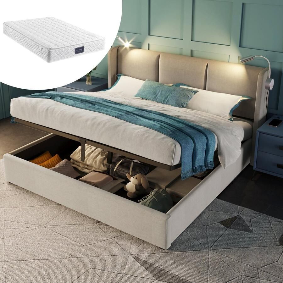 Merax Gestoffeerd Bed 140x200 cm met Opbergruimte – Bed met USB-laadfunctie Leselicht en Hydraulische Lattenbodem – Inclusief Matras – Beige