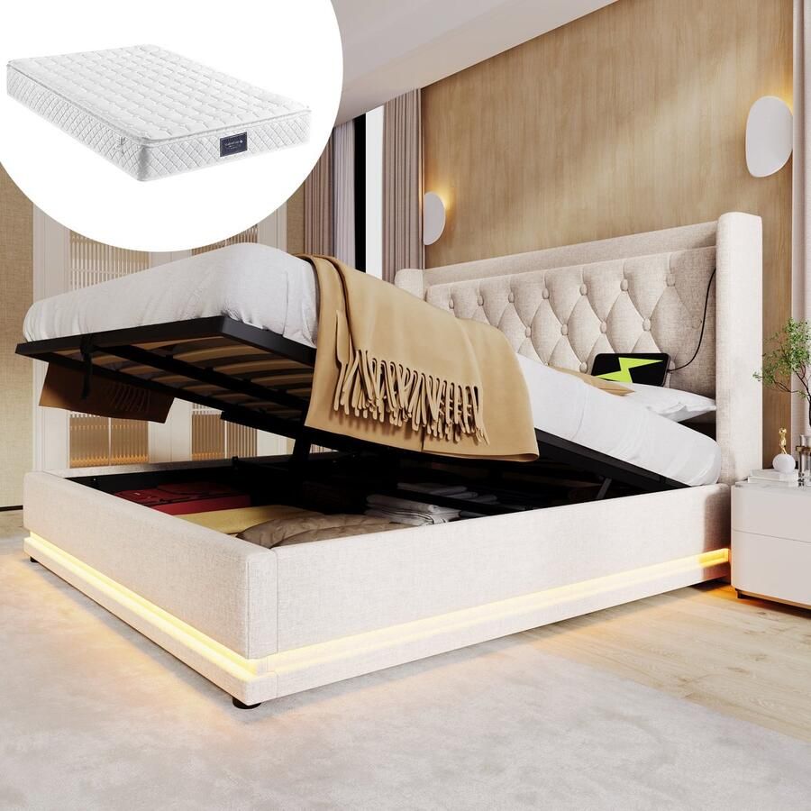 Merax Tweepersoonsbed 140x200 cm – Gestoffeerd Opbergbed in Beige Katoen Hydraulisch Mechanisme USB Type-C Hoofdbord 3-Zijdige LED Verlichting & Inclusief Matras