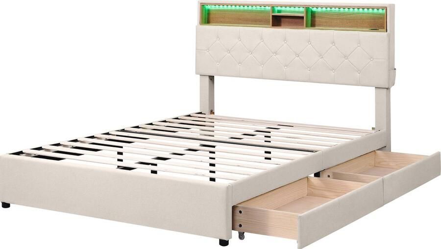 Merax Tweepersoonsbed 140x200 cm met Opbergruimte en 2 Lades Gestoffeerd Bed met USB-Aansluiting en LED-Verlichting Beige
