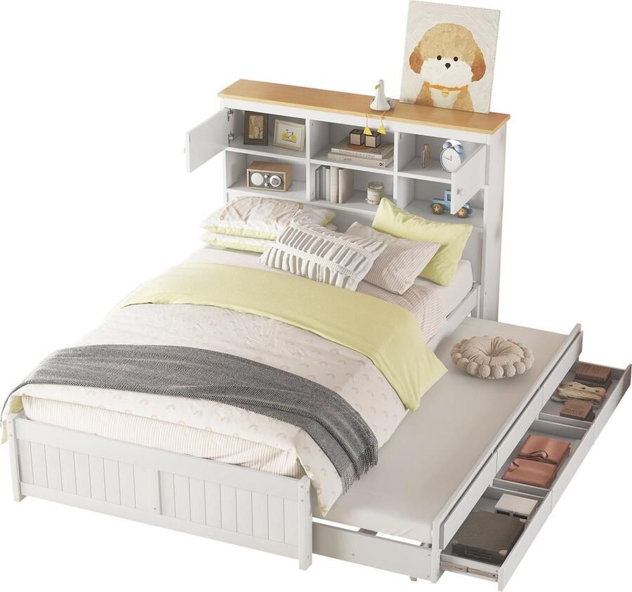 Merax Tweepersoonsbed 140x200 cm met Opbergruimte en Uittrekbaar Logeerbed Bed met 3 Lades – Wit