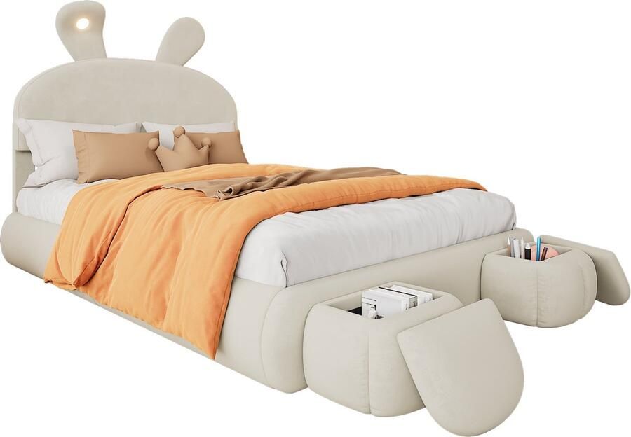 Merax Tweepersoonsbed 140x200 cm met Opbergruimte en Verlichting – Gestoffeerd Bed in Konijnen Vorm – Luxe Beige Velvet
