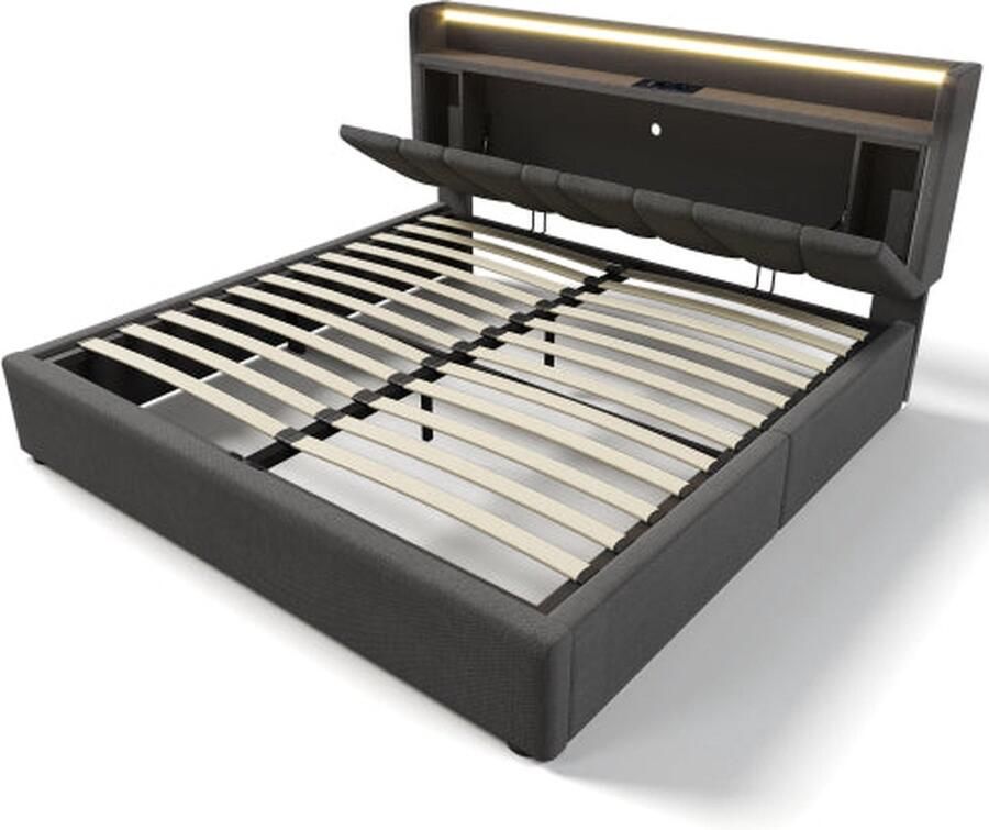 Merax Tweepersoonsbed 140x200 cm met Opbergruimte Hoofdbord met USB en LED-verlichting Grijs Linnen