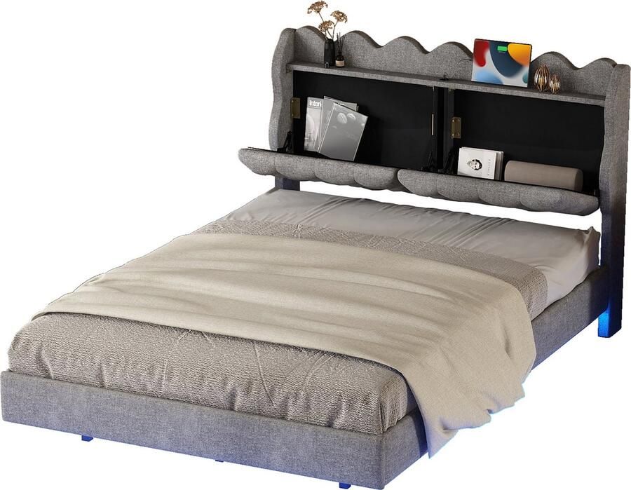 Merax Tweepersoonsbed 140x200 cm met Opbergruimte in Hoofdbord Gestoffeerd Bed met Verlichting en USB Aansluiting Grijs