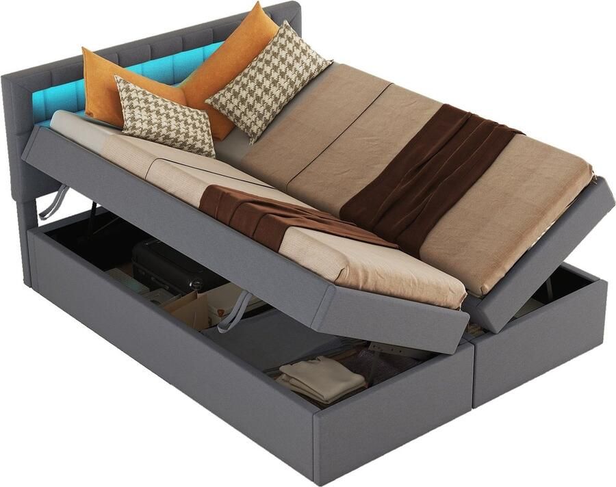 Merax Tweepersoonsbed 140x200 cm met Opbergruimte LED-verlichting en Hydraulisch Liftsysteem Grijs