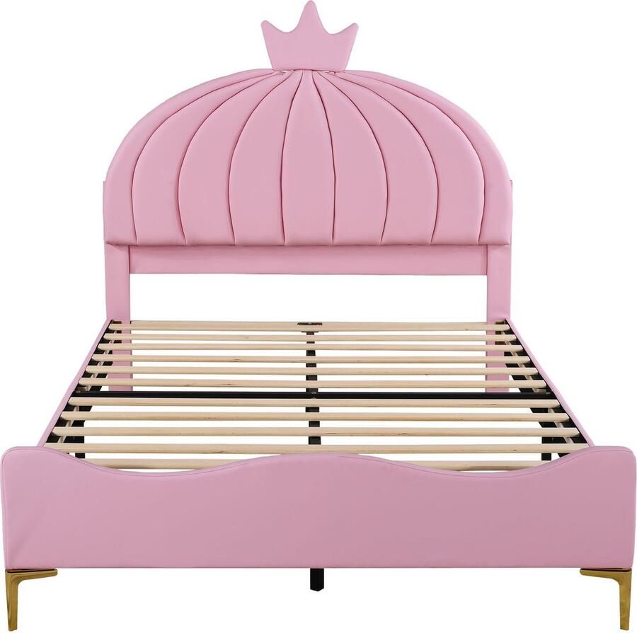 Merax Tweepersoonsbed 140x200 cm met Prinsessen Kroon Hoofdbord Kunstleer Gestoffeerde Kinderbed met Metalen Poten Roze
