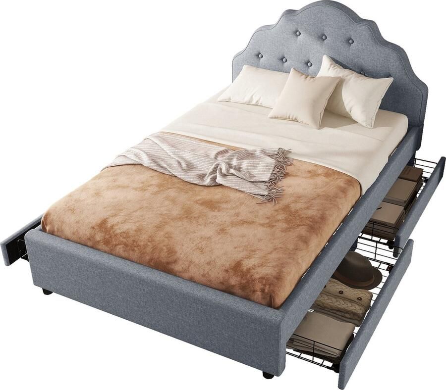Merax Tweepersoonsbed 140x200 cm met Ruime Opberglades Gestoffeerd Bedframe met Hoofdbord Grijs