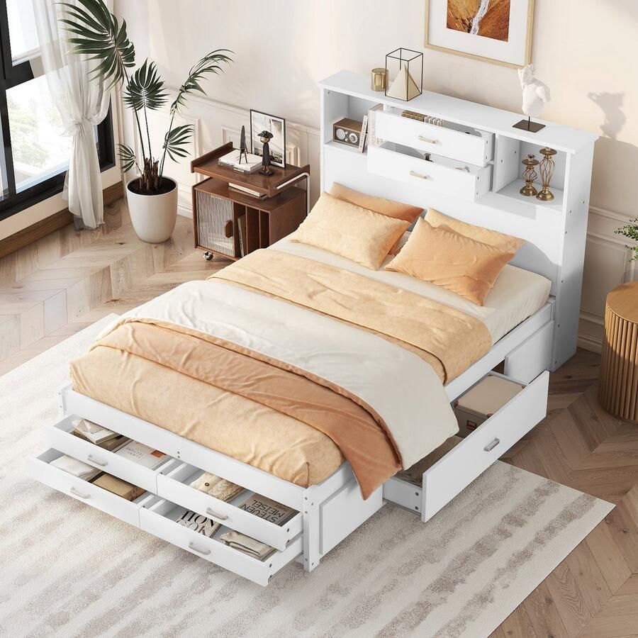 Merax Tweepersoonsbed 140x200 cm met Ruime Opbergruimte Houten Bedframe met 8 Lades en 2 Opbergvakken Minimalistisch Design Wit