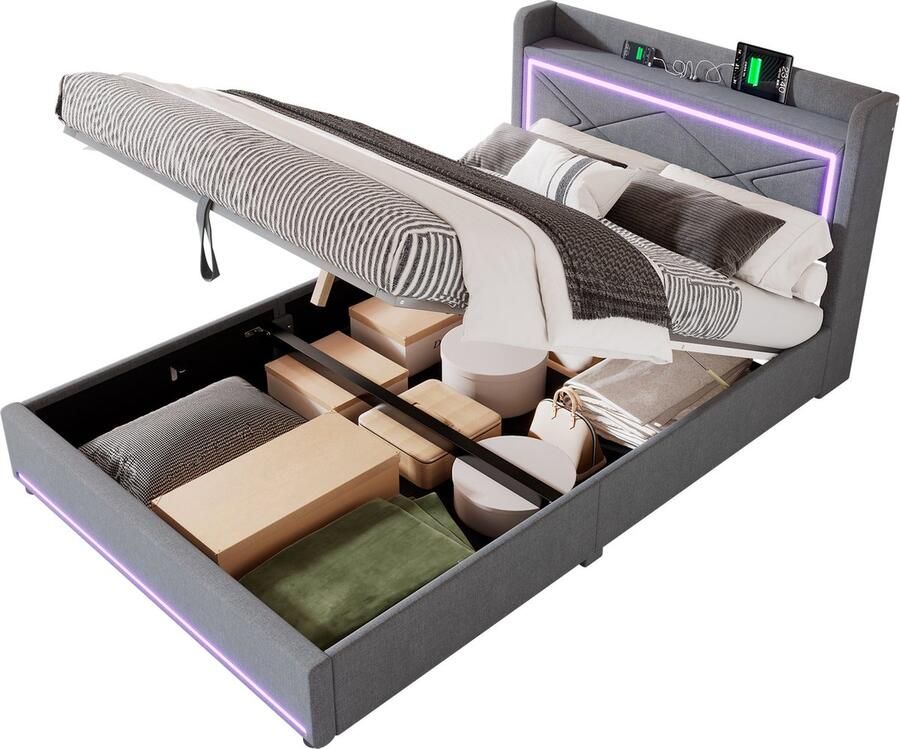 Merax Tweepersoonsbed 140x200 cm met USB Aansluiting – Bed met LED Verlichting via App en Hydraulische Opbergruimte – Grijs