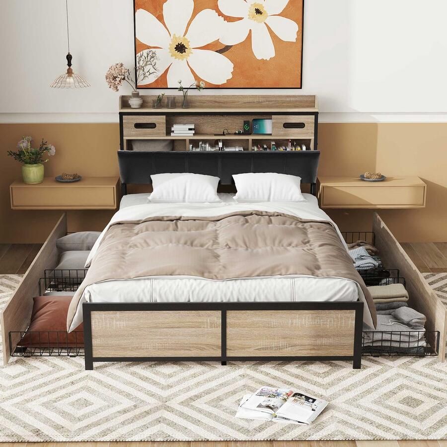 Merax Tweepersoonsbed 140 x 200 cm Metaal Bed met USB-Port Opbergruimte in Hoofdbord en Lattenbodem Voor Volwassenen Kinderen en Tieners Eik en Zwart