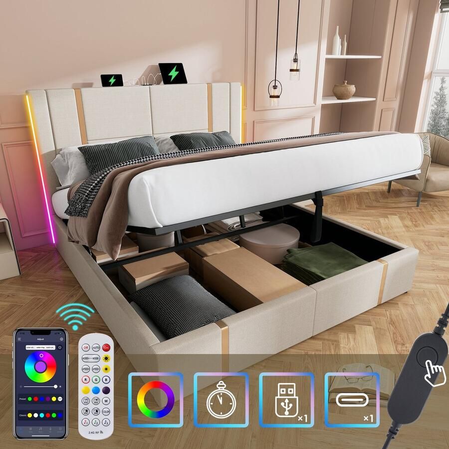 Merax Gestoffeerd Bed 140x200 cm met USB Type C APP-Controle LED Verlichting en Opbergruimte – Beige Linnen – Inclusief Lattenrost (Zonder Matras)