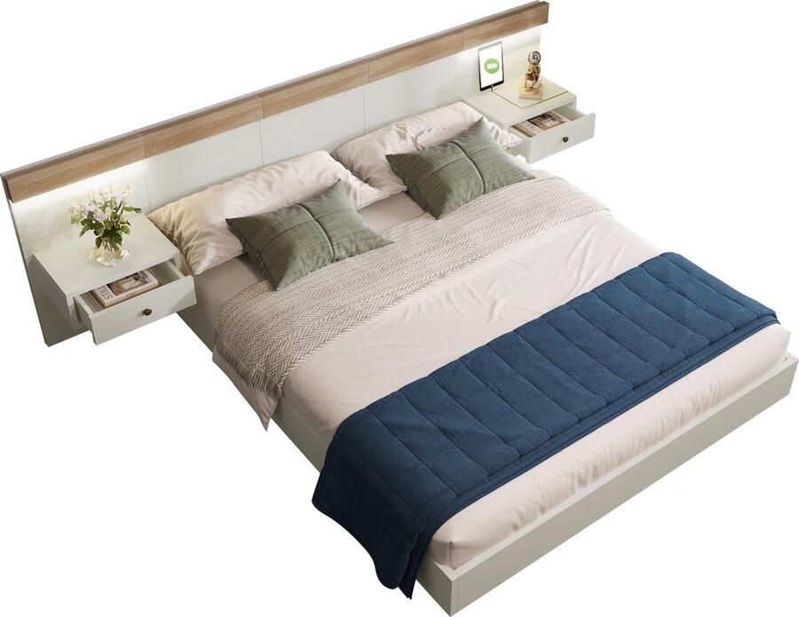 Merax Tweepersoonsbed 140x200 cm met USB-C Stopcontact – Bed Inclusief 2 Nachtkastjes met LED – Houten Bedframe in Eiken Sonoma Bruin met Wit – Modern Design met Zwevend Effect