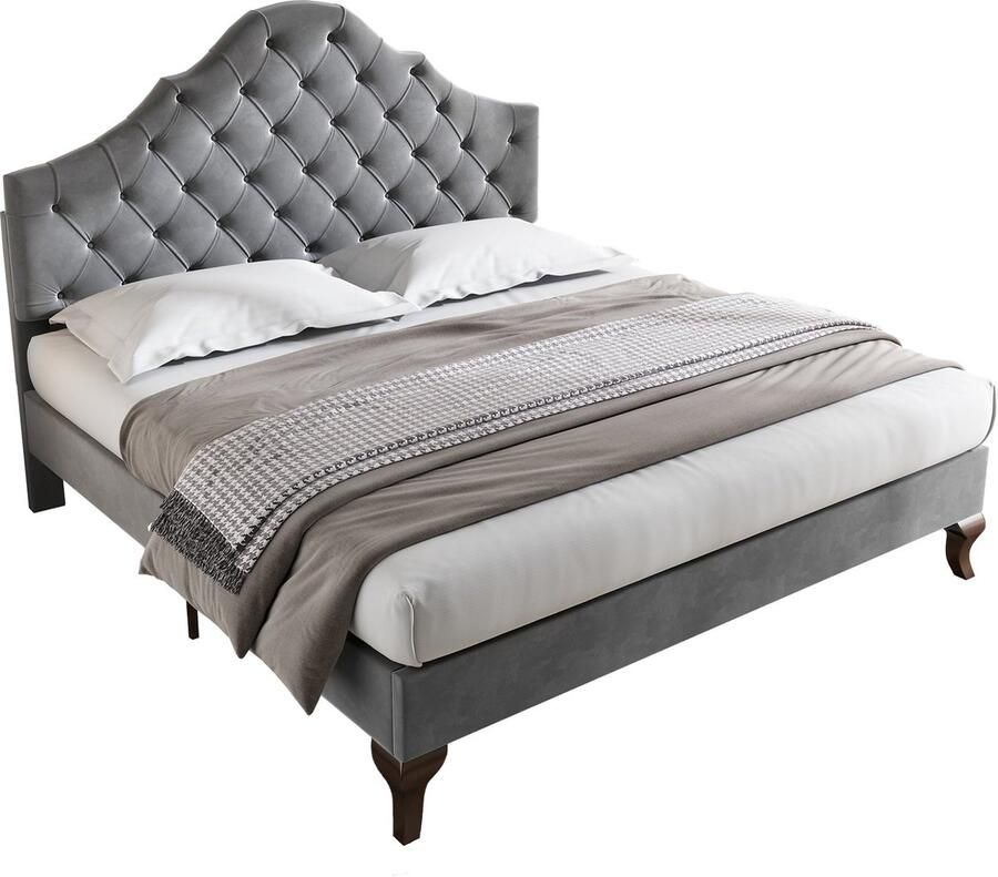 Merax Tweepersoonsbed 140x200 cm met Verstelbaar Hoofdbord Fluweel Gestoffeerd Bed met Lattenbodem Grijs