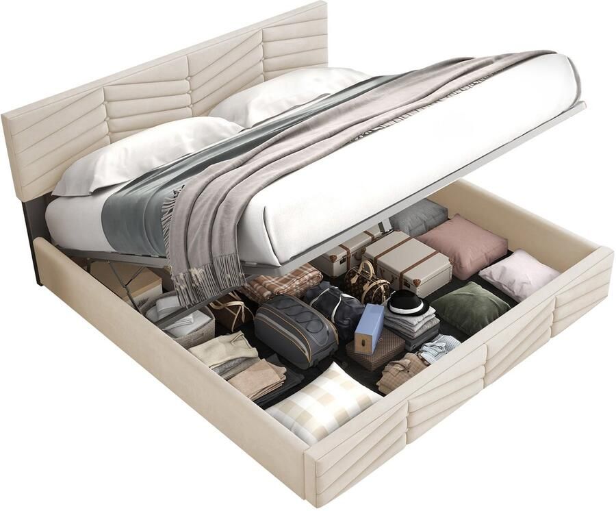 Merax Gestoffeerd Tweepersoonsbed 140x200 cm met Lattenbodem en Verstelbaar Hoofdbord Velvet Bed voor Volwassenen en Jongeren Beige